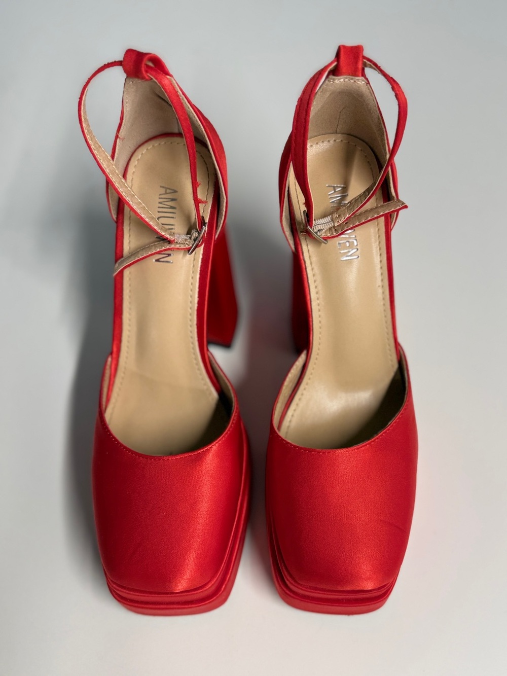 AMIRI Red Satin Square-Toe Block Heel Sandals with Ankle Strap